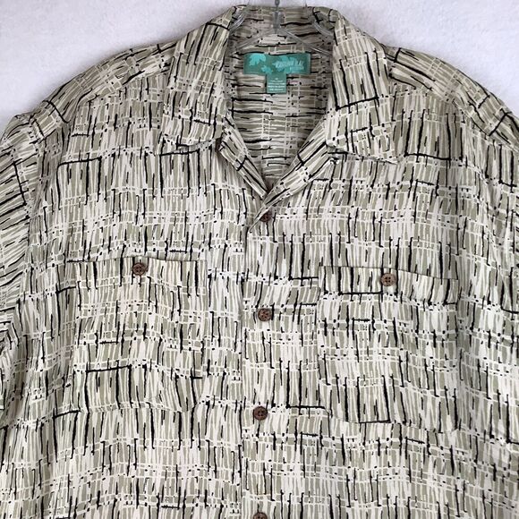 Kahuna Bay By Visitor Mens Medium Shirt Short Sleeve Collar Silk Blend Tan Black - Picture 2 of 10